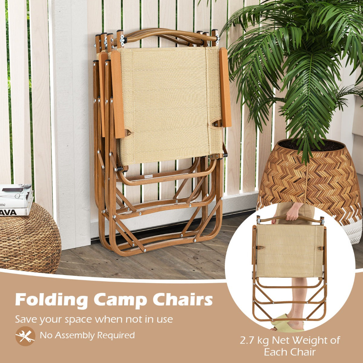 LIVSK Inklapbare Campingstoelen - Lichtgewicht en Ergonomisch - Tot 180 kg - Perfect voor Buiten - 64 x 53 x 77 cm - Beige