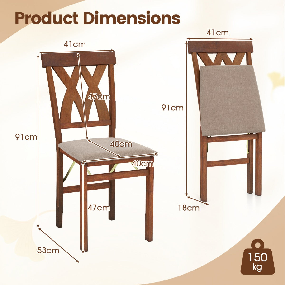 LIVSK Set van 2 Eetkamerstoelen - Rubberhout Frame - Ergonomisch Design - Opvouwbaar - Draagvermogen 150 kg - Walnoot/Wit