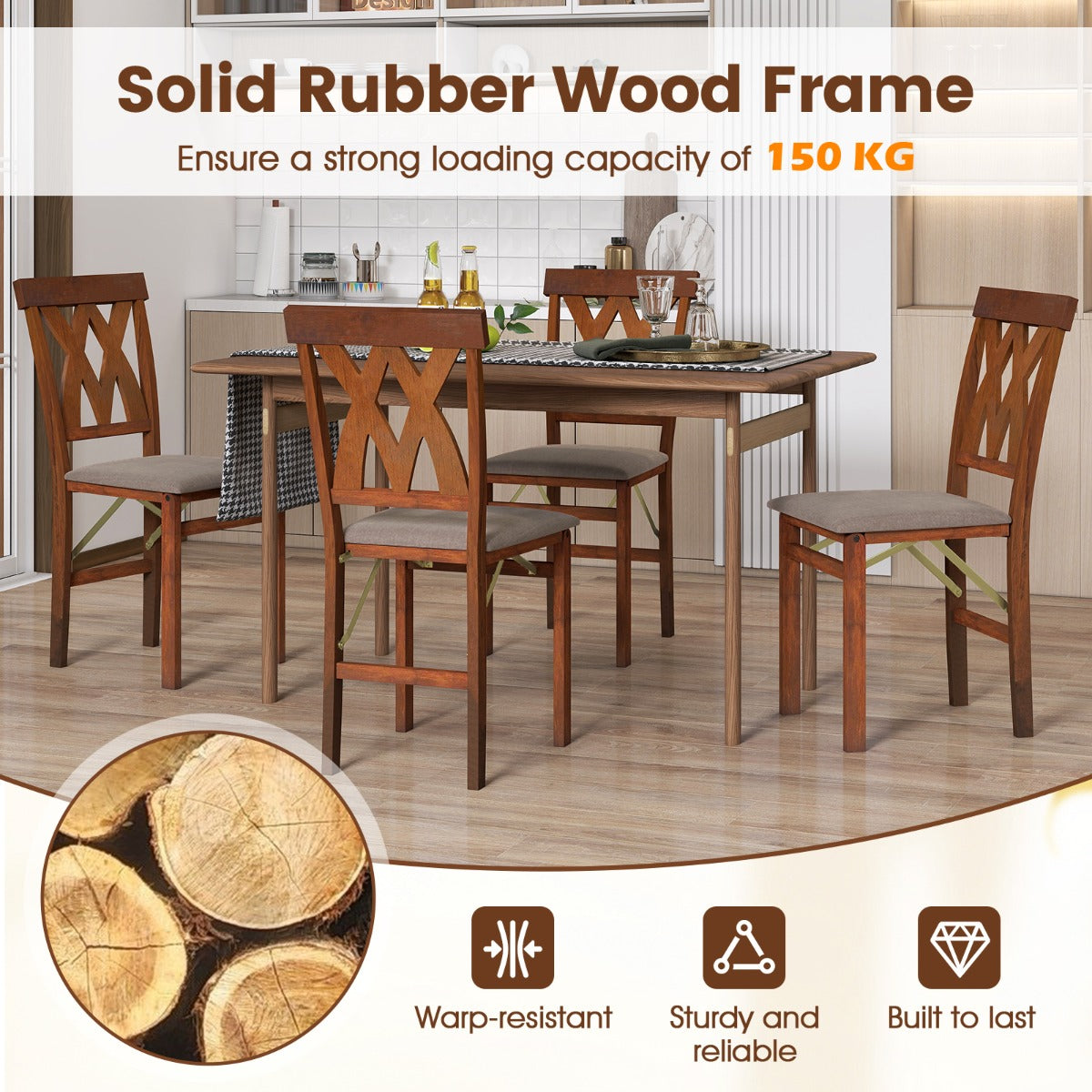 LIVSK Set van 2 Eetkamerstoelen - Rubberhout Frame - Ergonomisch Design - Opvouwbaar - Draagvermogen 150 kg - Walnoot/Wit