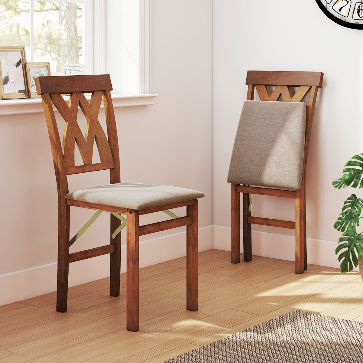 LIVSK Set van 2 Eetkamerstoelen - Rubberhout Frame - Ergonomisch Design - Opvouwbaar - Draagvermogen 150 kg - Walnoot/Wit