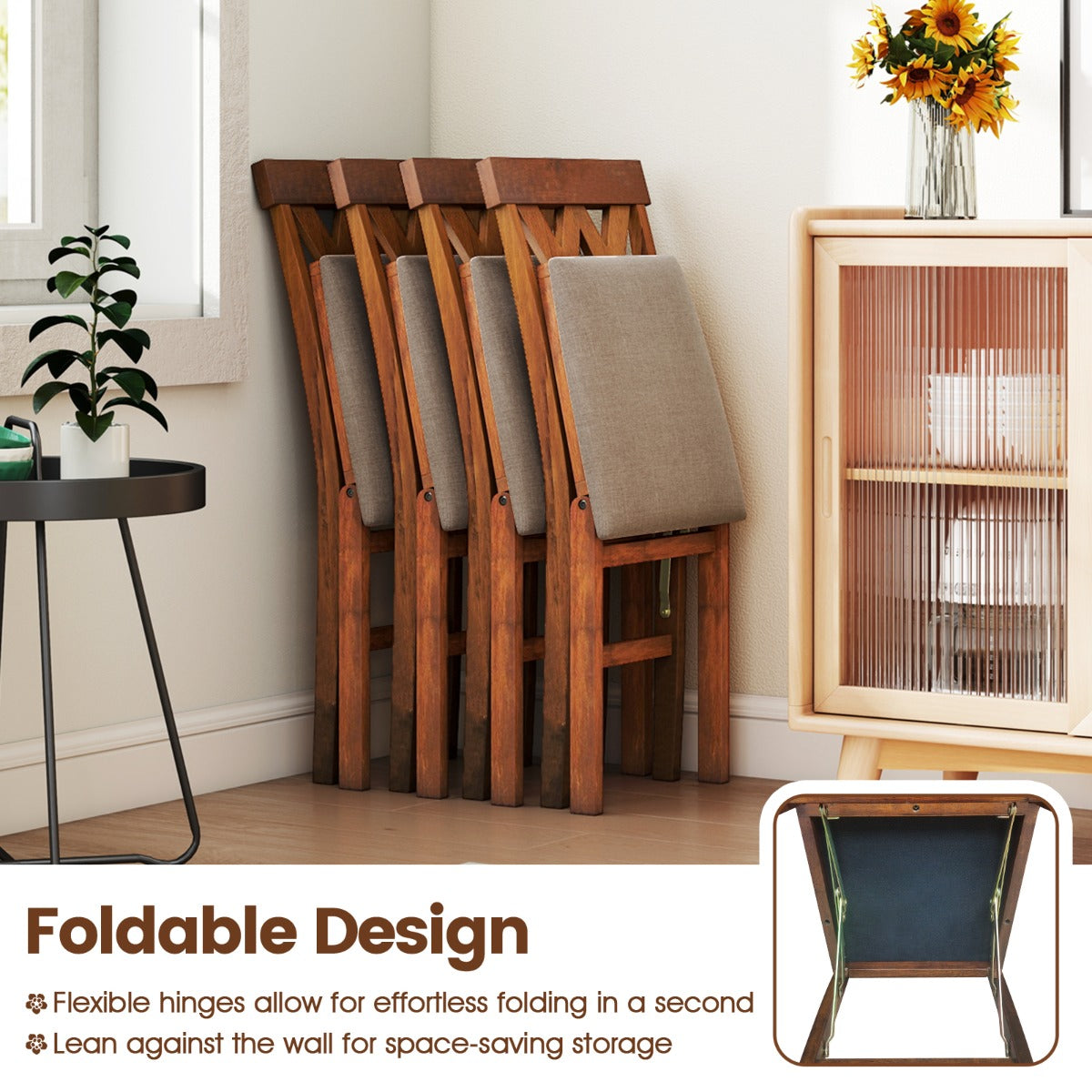 LIVSK Set van 2 Eetkamerstoelen - Rubberhout Frame - Ergonomisch Design - Opvouwbaar - Draagvermogen 150 kg - Walnoot/Wit