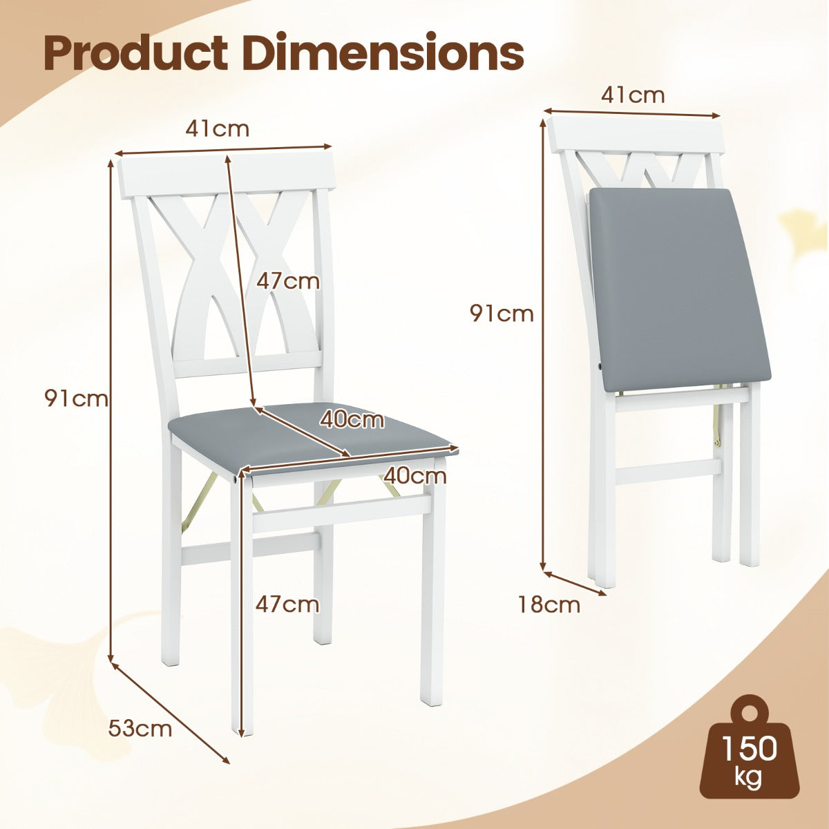 LIVSK Eetkamerstoelen Set van 2 - Rubberhouten Frame - Ergonomische Rugleuning - Opvouwbaar - Max 150 kg - Walnoot/Wit