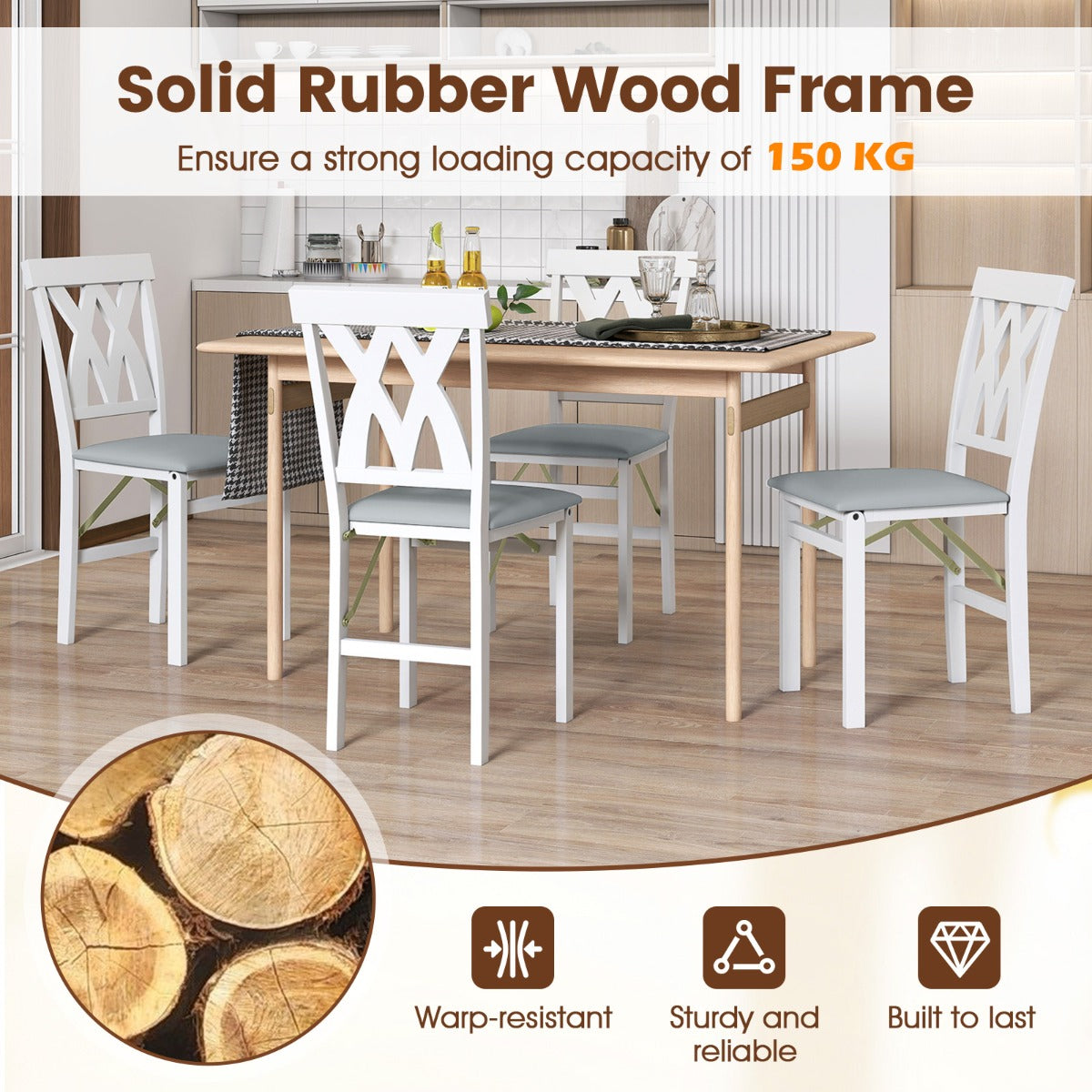 LIVSK Eetkamerstoelen Set van 2 - Rubberhouten Frame - Ergonomische Rugleuning - Opvouwbaar - Max 150 kg - Walnoot/Wit