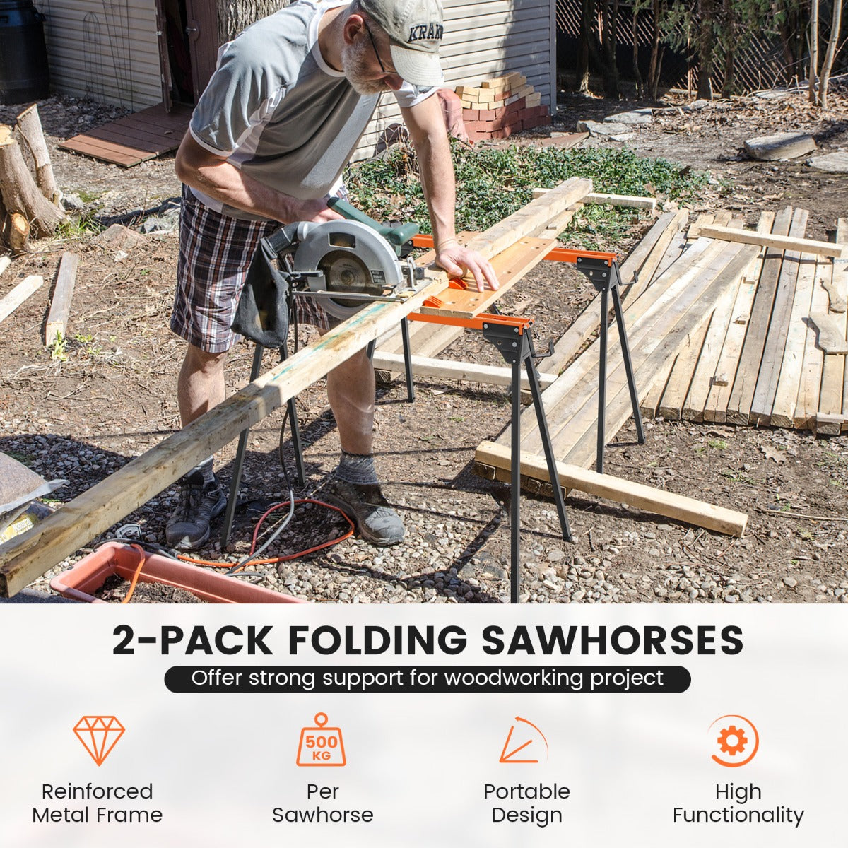 LIVSK Draagbare Zaagschragen Set - Snelvouwontwerp - Capaciteit 500 kg per schraag - Roterende Draagarmen - Oranje