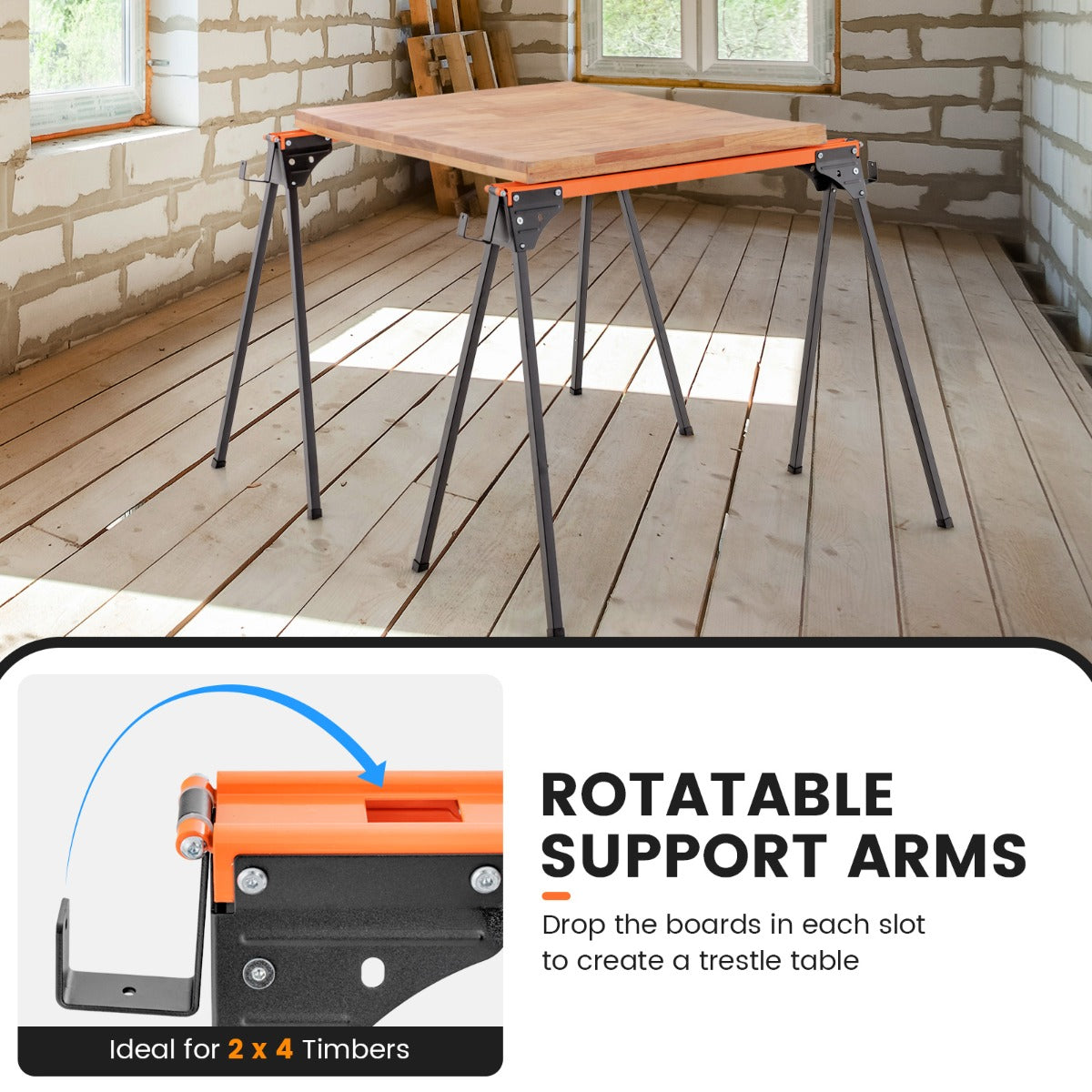 LIVSK Draagbare Zaagschragen Set - Snelvouwontwerp - Capaciteit 500 kg per schraag - Roterende Draagarmen - Oranje