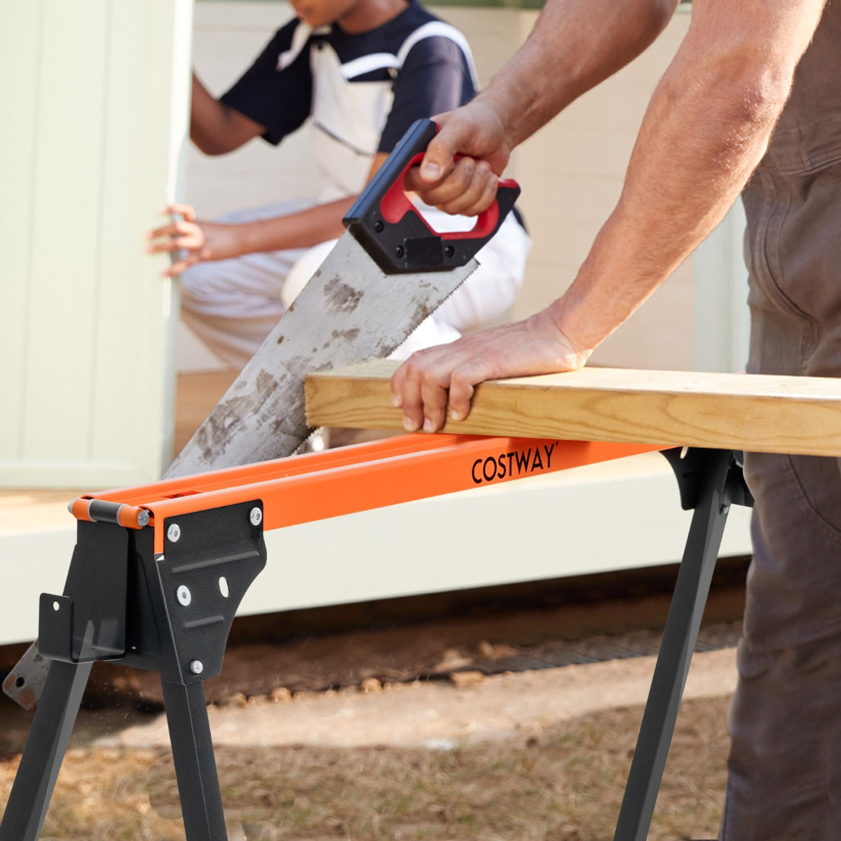 LIVSK Draagbare Zaagschragen Set - Snelvouwontwerp - Capaciteit 500 kg per schraag - Roterende Draagarmen - Oranje