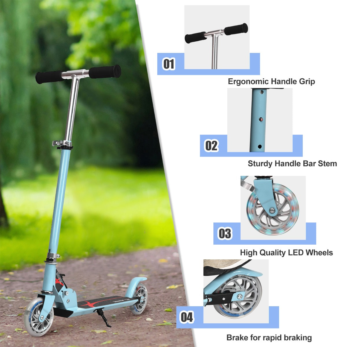 Livsk costway set van 2 kinderspeelgoed opvouwbare step met lampjes en 360 draaibare stoel met antislipbasis blauw 4