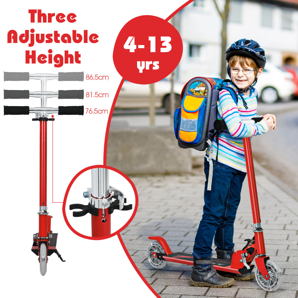 Livsk costway set van 2 kinderspeelgoed opvouwbare step met lampjes en 360 draaibare stoel met antislipbasis rood 5