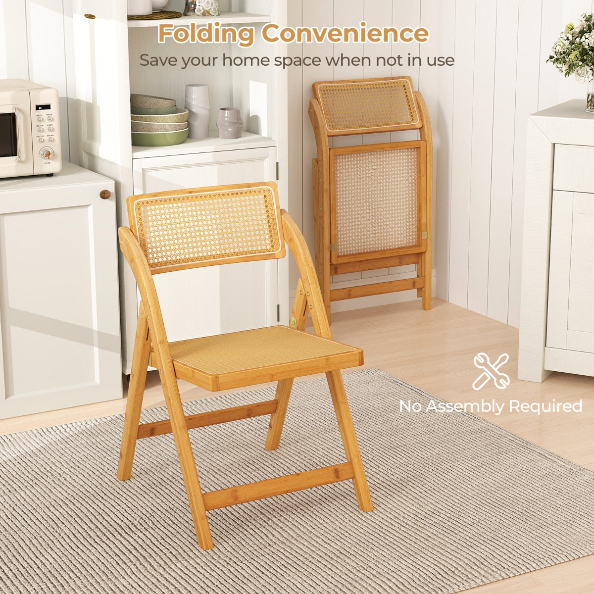 LIVSK Rotan Klapstoelen - Bamboe Frame - 360° Draaibare Rugleuning - Antislip - Inklapbaar - Voor Eetkamer en Woonkamer - Naturel