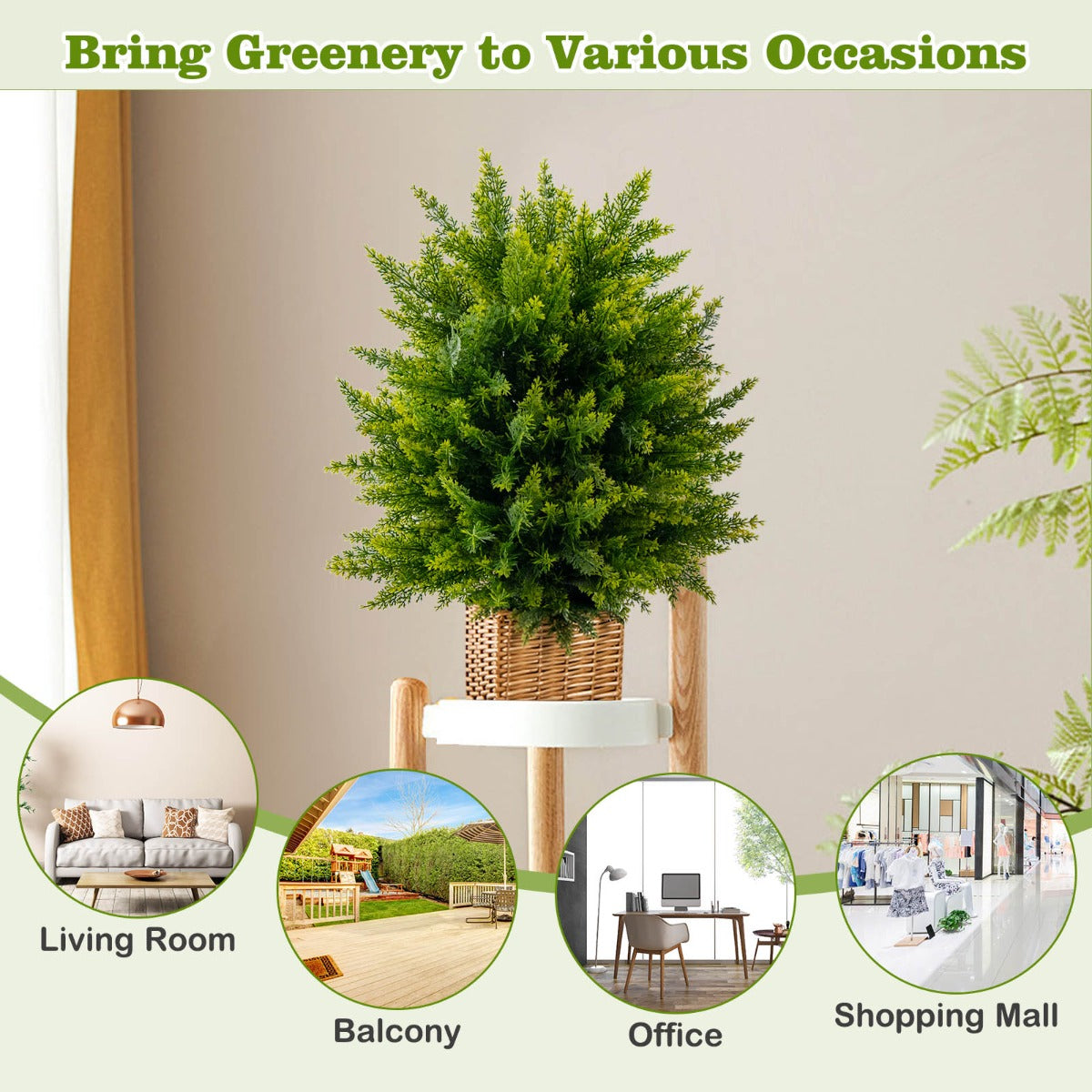LIVSK Set van 2 Kunstceder-Topiary-Ballenbomen - UV-bestendig - Onderhoudsvriendelijk - Hoogte 55 cm - Groen