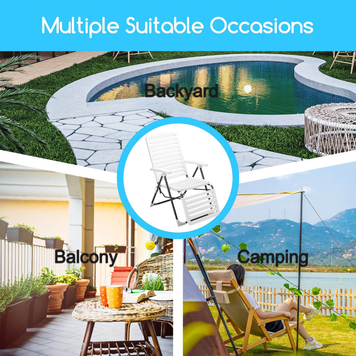 LIVSK Verstelbare Ligstoelen Set - Opvouwbaar - 7-Standen Rugleuning - Weerbestendig PP - Voor Tuin en Balkon - Wit