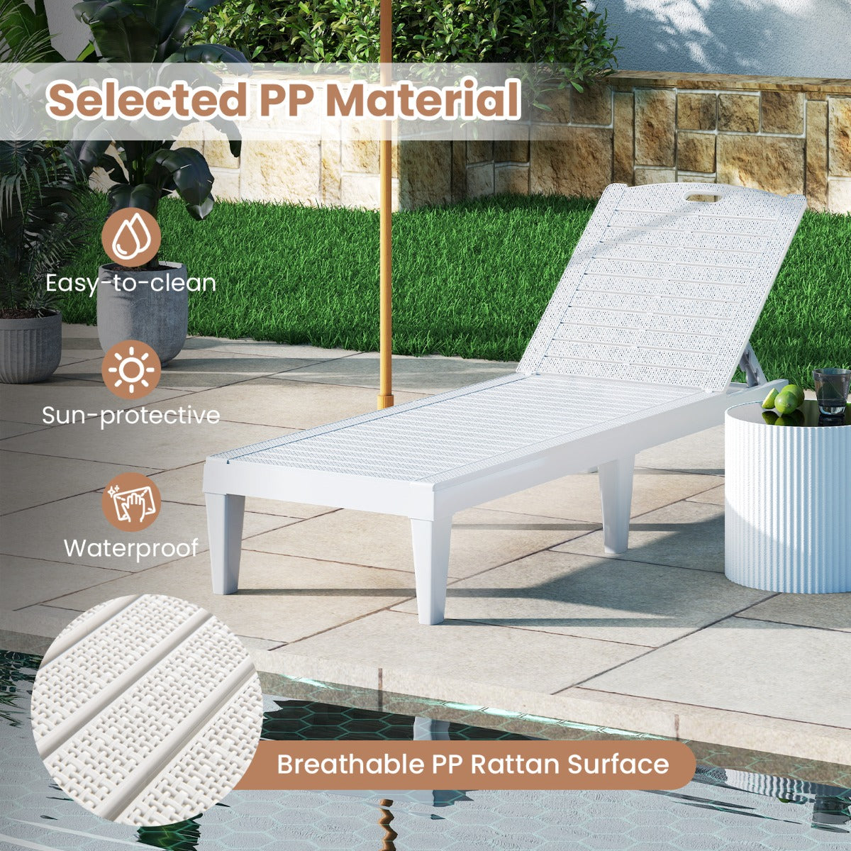 LIVSK Set van 2 Ligstoelen - Verstelbare Rugleuning - Weerbestendig PP-materiaal - Eenvoudige Montage - Tot 160 kg - Wit