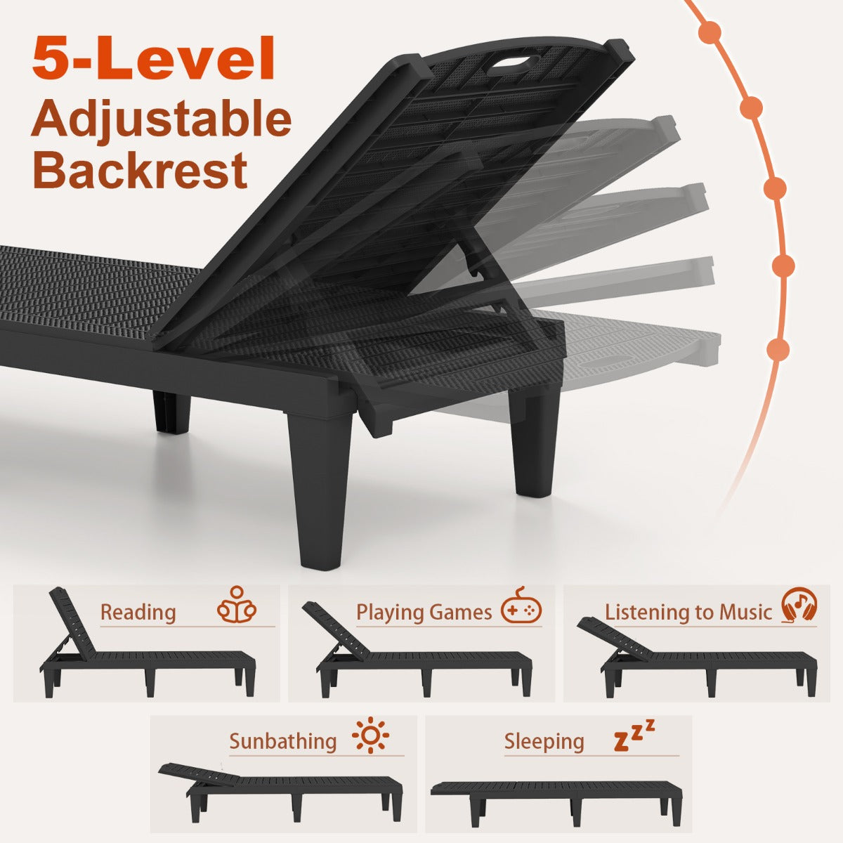 LIVSK Set van 2 Verstelbare Ligstoelen - Weerbestendig PP-materiaal - Eenvoudige Montage - Tot 160 kg - Zwart