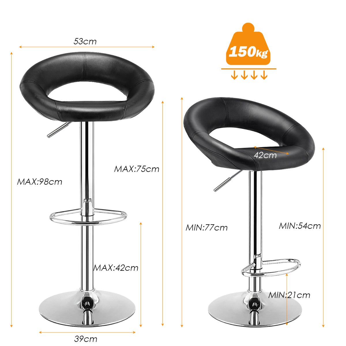 LIVSK Verstelbare Barkrukken Set van 2 - 360° Draaibaar - Antislip - Hoogte 77-98 cm - Comfortabel PU-leer - Zwart