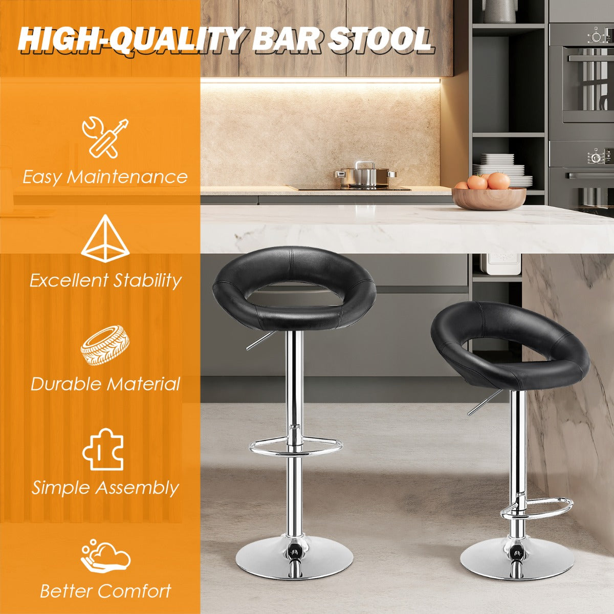 LIVSK Verstelbare Barkrukken Set van 2 - 360° Draaibaar - Antislip - Hoogte 77-98 cm - Comfortabel PU-leer - Zwart