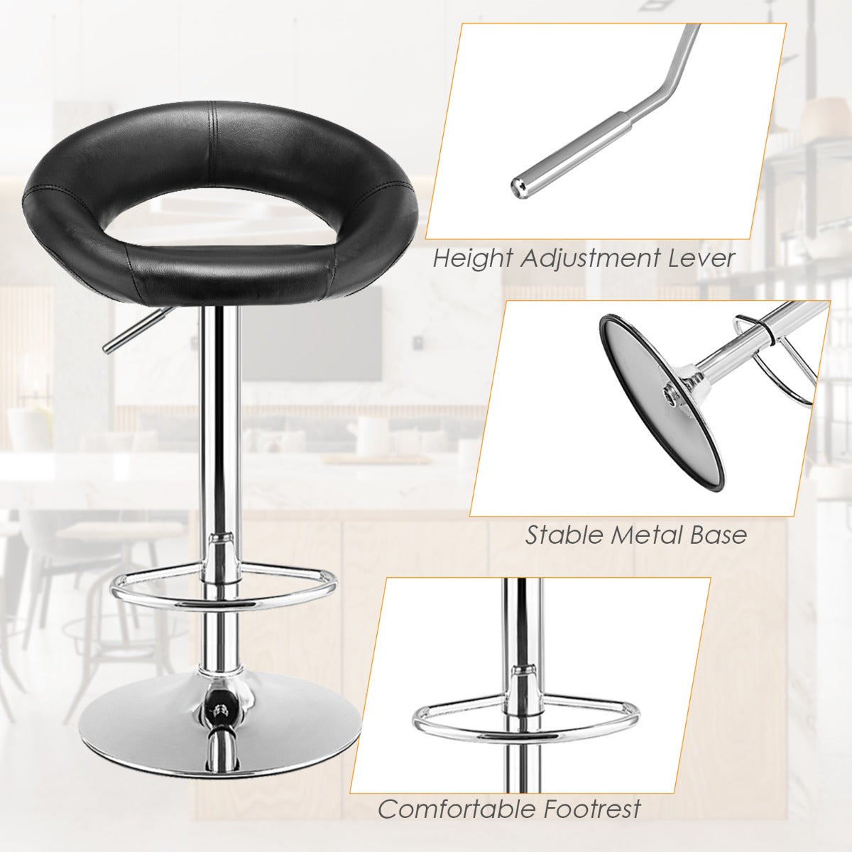 LIVSK Verstelbare Barkrukken Set van 2 - 360° Draaibaar - Antislip - Hoogte 77-98 cm - Comfortabel PU-leer - Zwart