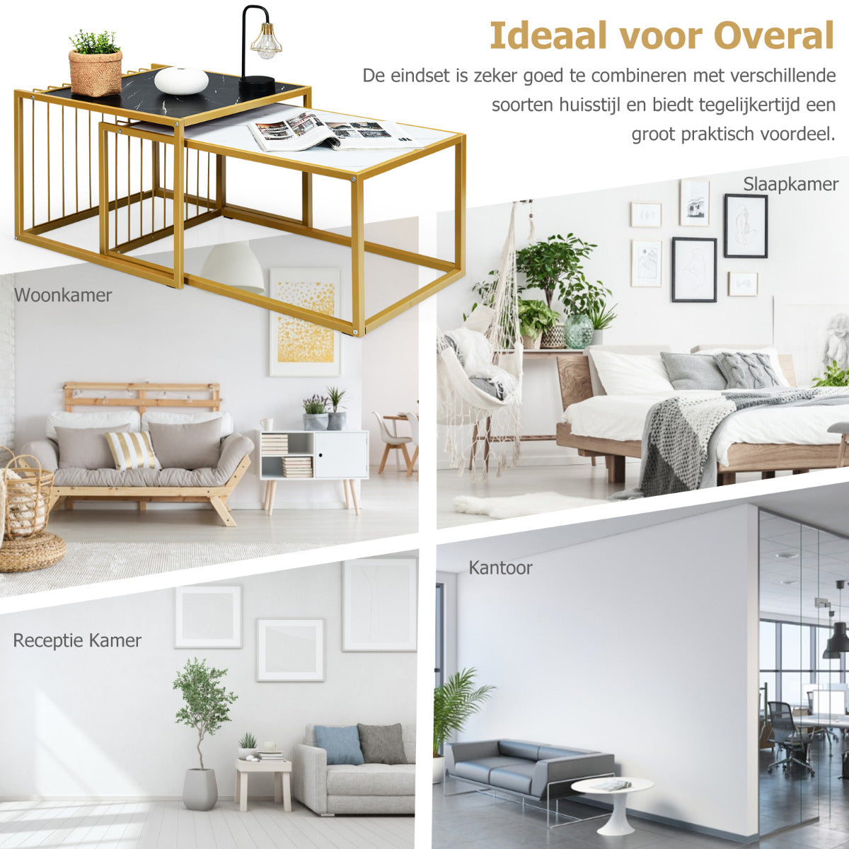 LIVSK Nesttafel Set - Praktisch en Ruimtebesparend - Luxe Marmerachtig Oppervlak - Stevige Metalen Structuur - 80 x 53 x 38,5 cm