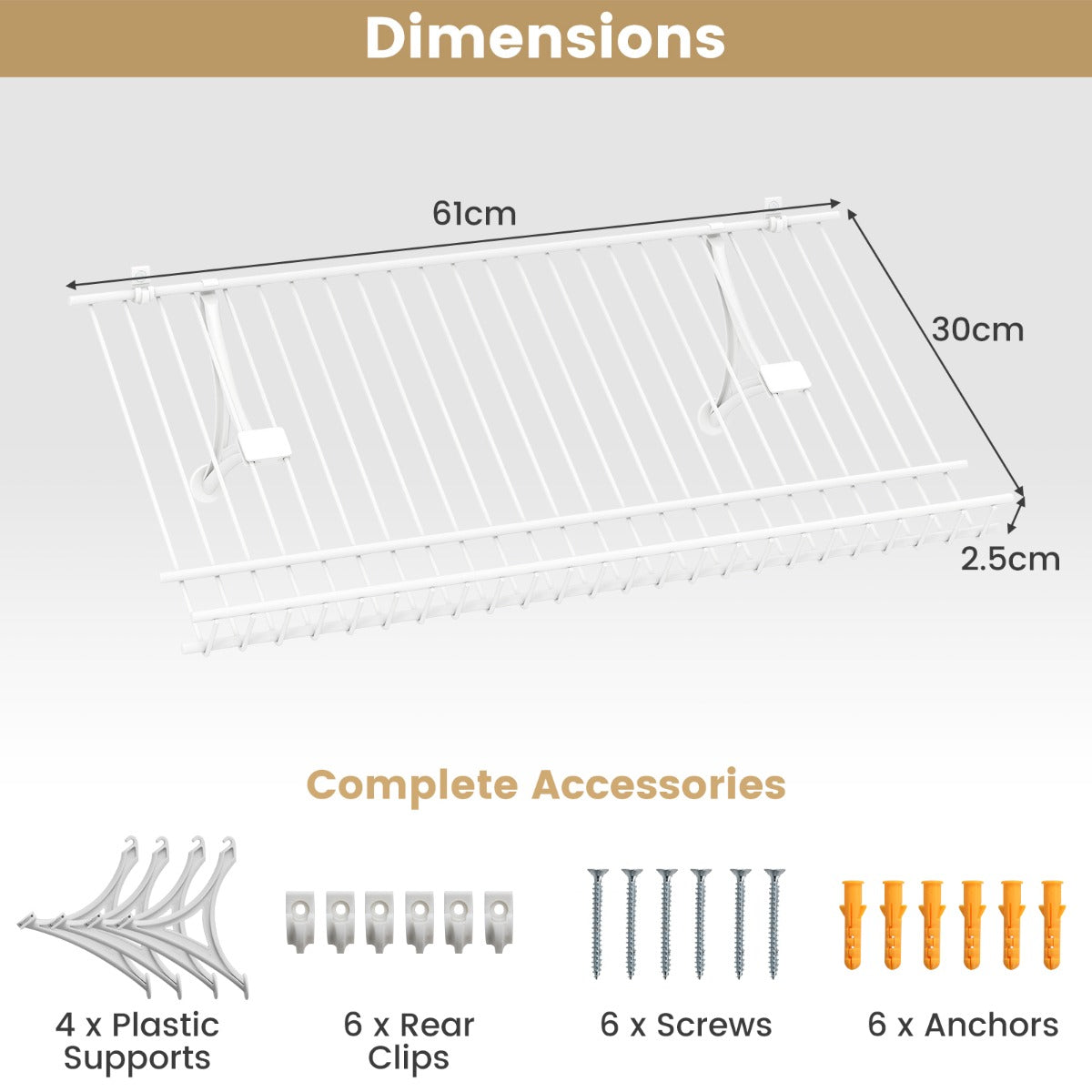 LIVSK Wandgarderobepanelen - Stevig Draadframe - Aanpasbare Rekken - Inclusief Beugels en Accessoires - 61 x 30 x 2,5 cm - Wit