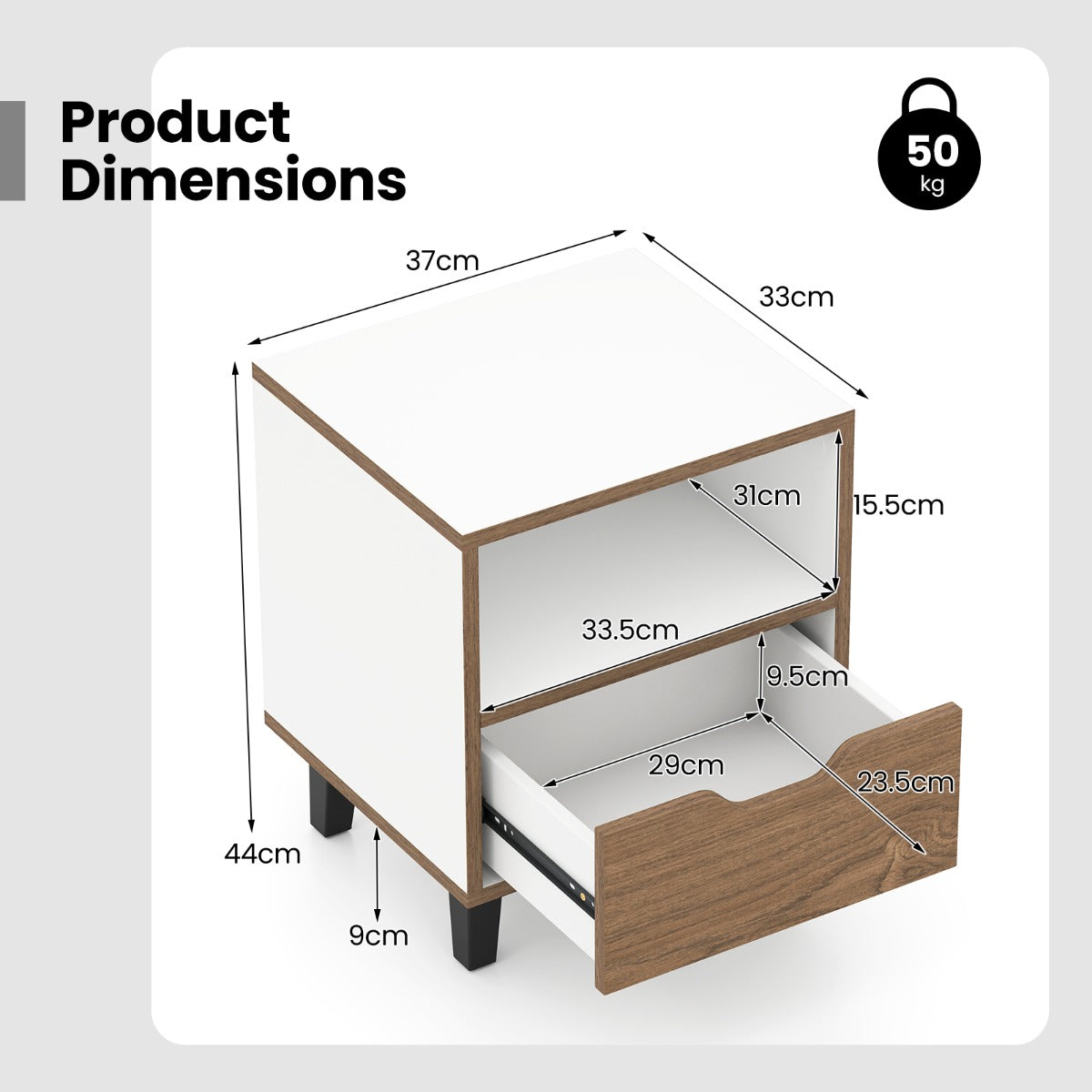 LIVSK Minimalistisch Nachtkastje Set - Uniek Tweekleurig Design - Opbergruimte op 3 Niveaus - Stevige Metalen Poten - Natuurlijk