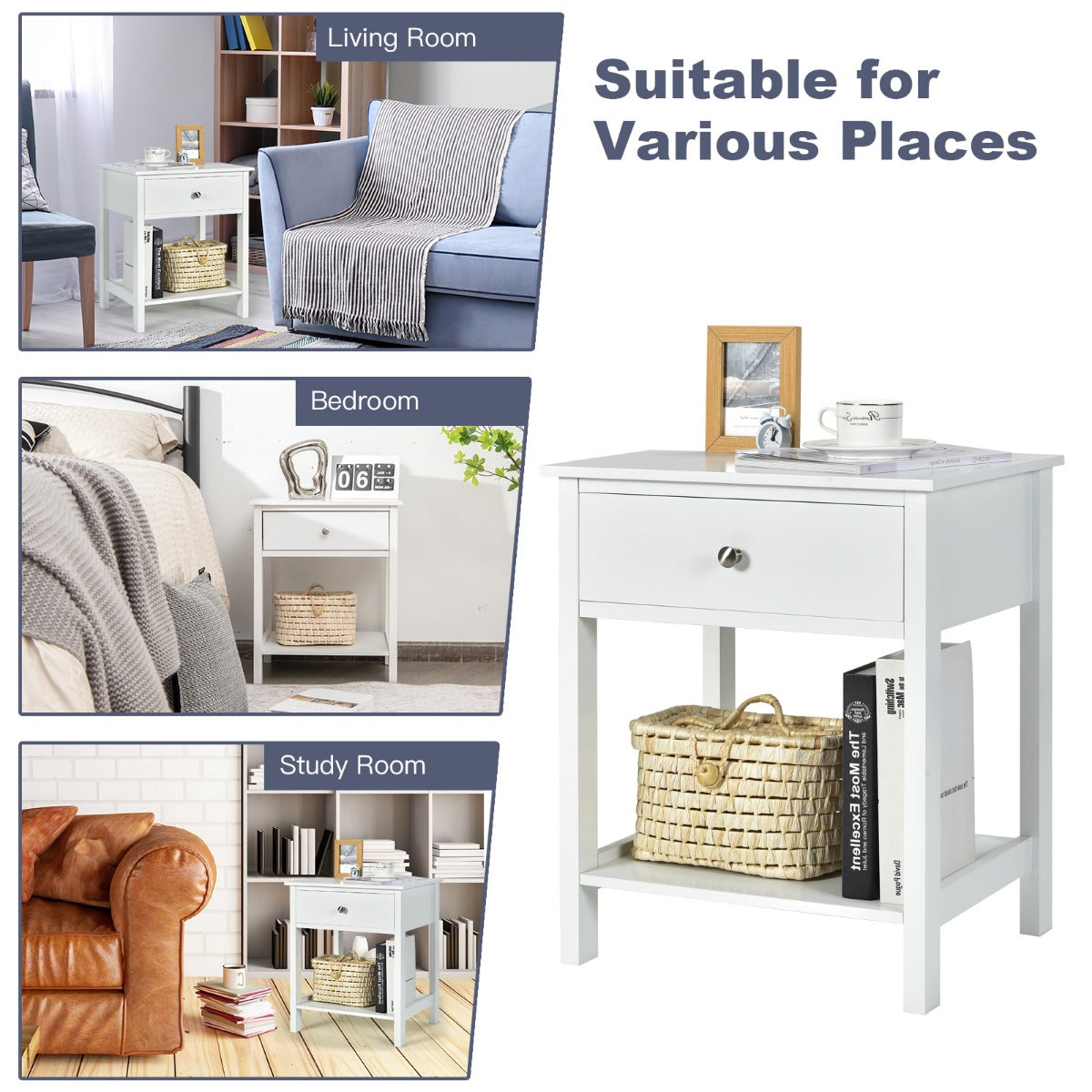 LIVSK Nachtkastjes Set van 2 - Uittrekbare Lade en Open Plank - Compact en Modern - Hoogwaardig MDF - Wit