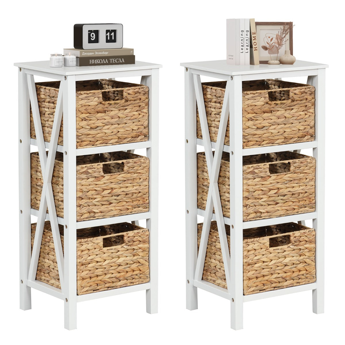 LIVSK Set van 2 Nachtkastjes - 3 Verwijderbare Zeegras Manden - Stevig Acaciahout - Multifunctioneel - 36 x 30 x 80 cm - Natuur