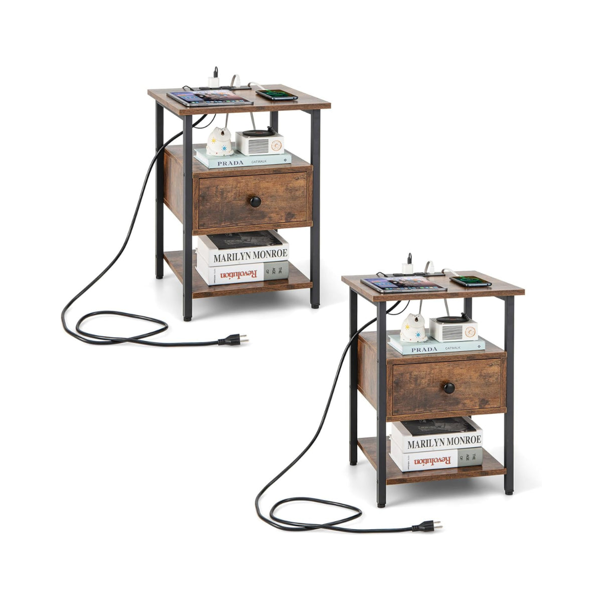 LIVSK Nachtkastjes Set met Oplaadstation - 2 Open Planken - 2 USB-poorten - Type-C Poort - 40 x 40 x 55 cm - Rustiek bruin