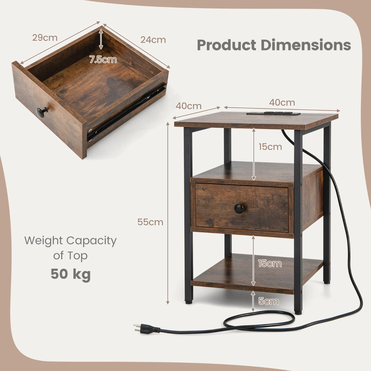 LIVSK Nachtkastjes Set met Oplaadstation - 2 Open Planken - 2 USB-poorten - Type-C Poort - 40 x 40 x 55 cm - Rustiek bruin