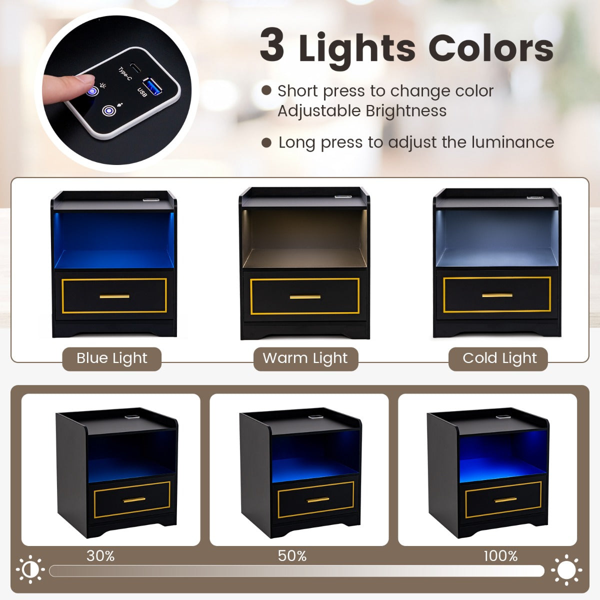 LIVSK Nachtkastje met Ledverlichting - Bewegingssensor - USB- en Type C-aansluiting - Opbergruimte - 45 x 40 x 50 cm - Zwart
