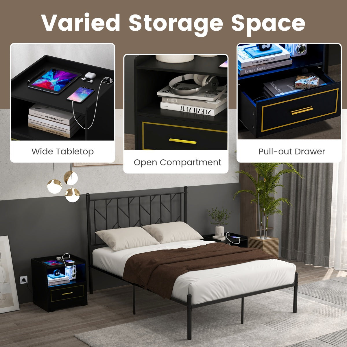 LIVSK Nachtkastje met Ledverlichting - Bewegingssensor - USB- en Type C-aansluiting - Opbergruimte - 45 x 40 x 50 cm - Zwart