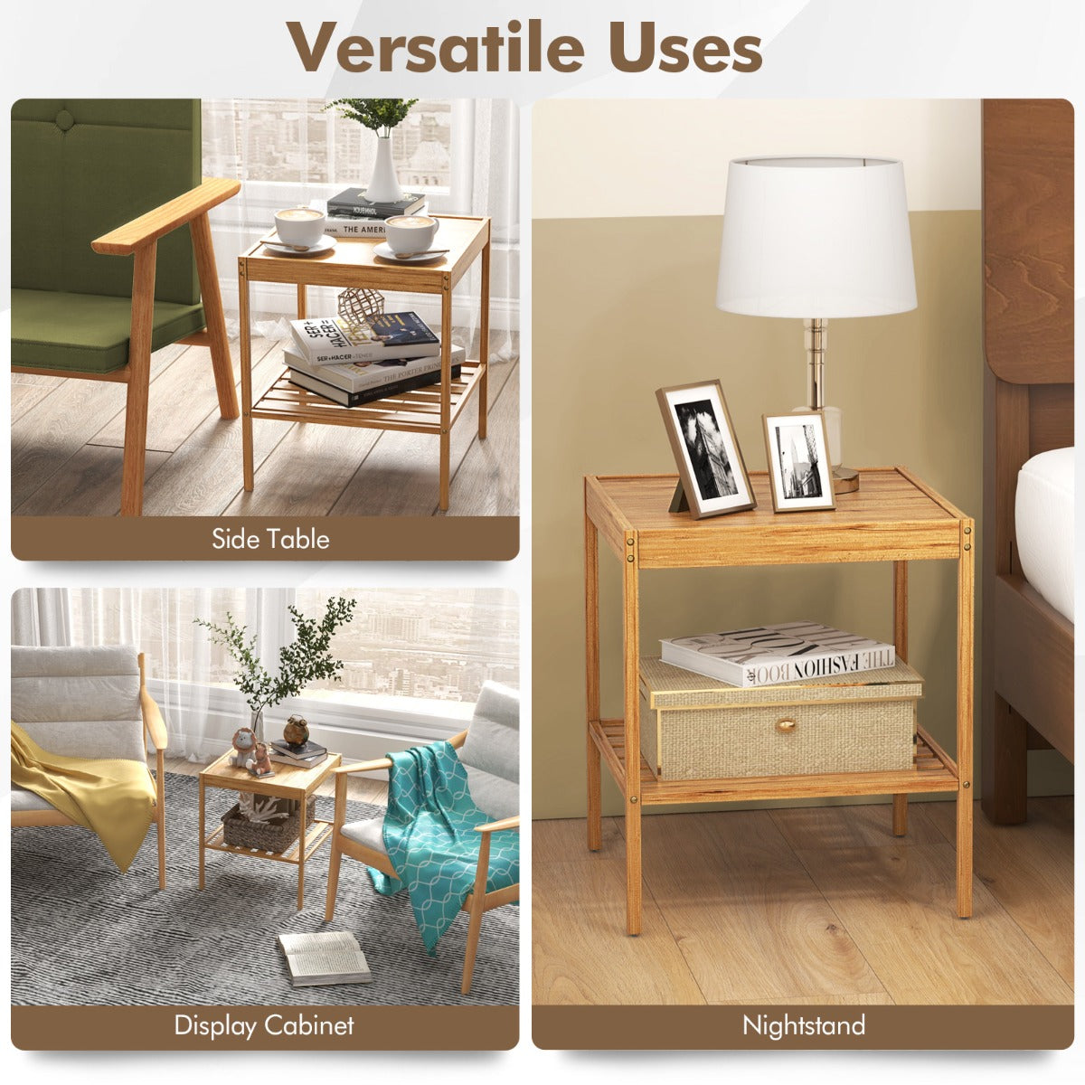 Livsk costway set van 2 nachtkastjes van bamboe bijzettafel met 2 niveaus natuurlijke stijl hoofdeinde voor bank 40 x 40 x 45 cm
