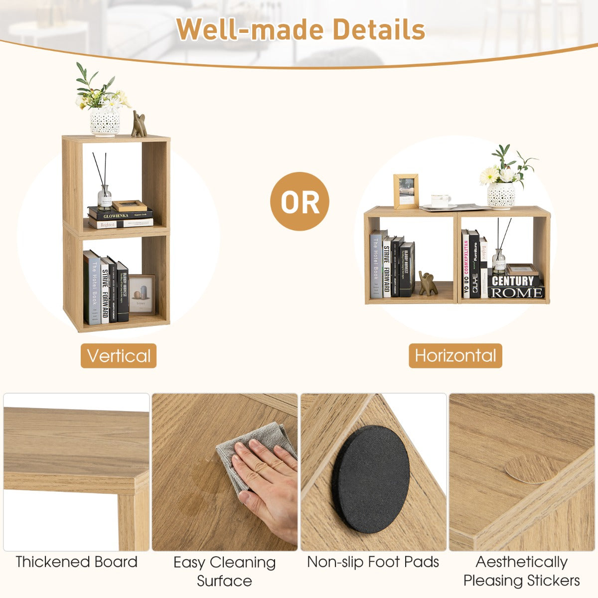 LIVSK modulaire kubuskast met 2 stapelbare opbergkubussen - Duurzaam hout - Anti-kantelbeveiliging - Voor boeken en decoratie -