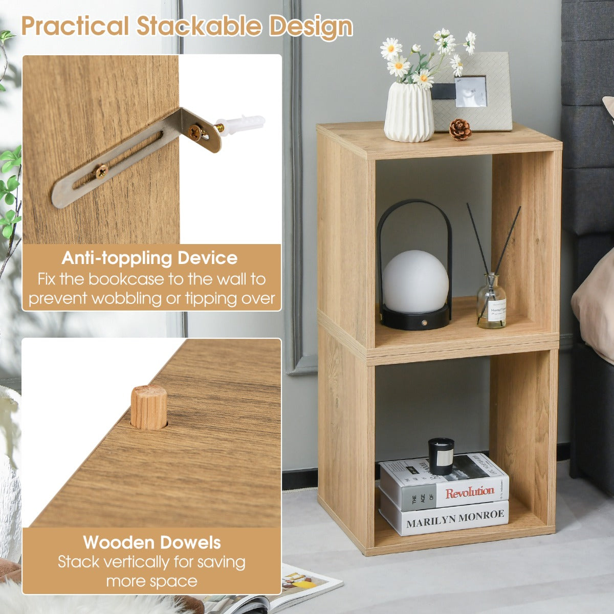 LIVSK modulaire kubuskast met 2 stapelbare opbergkubussen - Duurzaam hout - Anti-kantelbeveiliging - Voor boeken en decoratie -