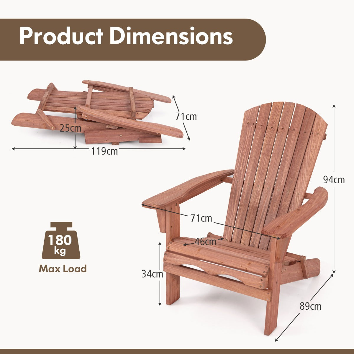 Livsk costway set van 2 opvouwbare adirondack stoelen houten opvouwbare stoel hoge rugleuning brede armleuningen draagvermogen 180 kg 1 1