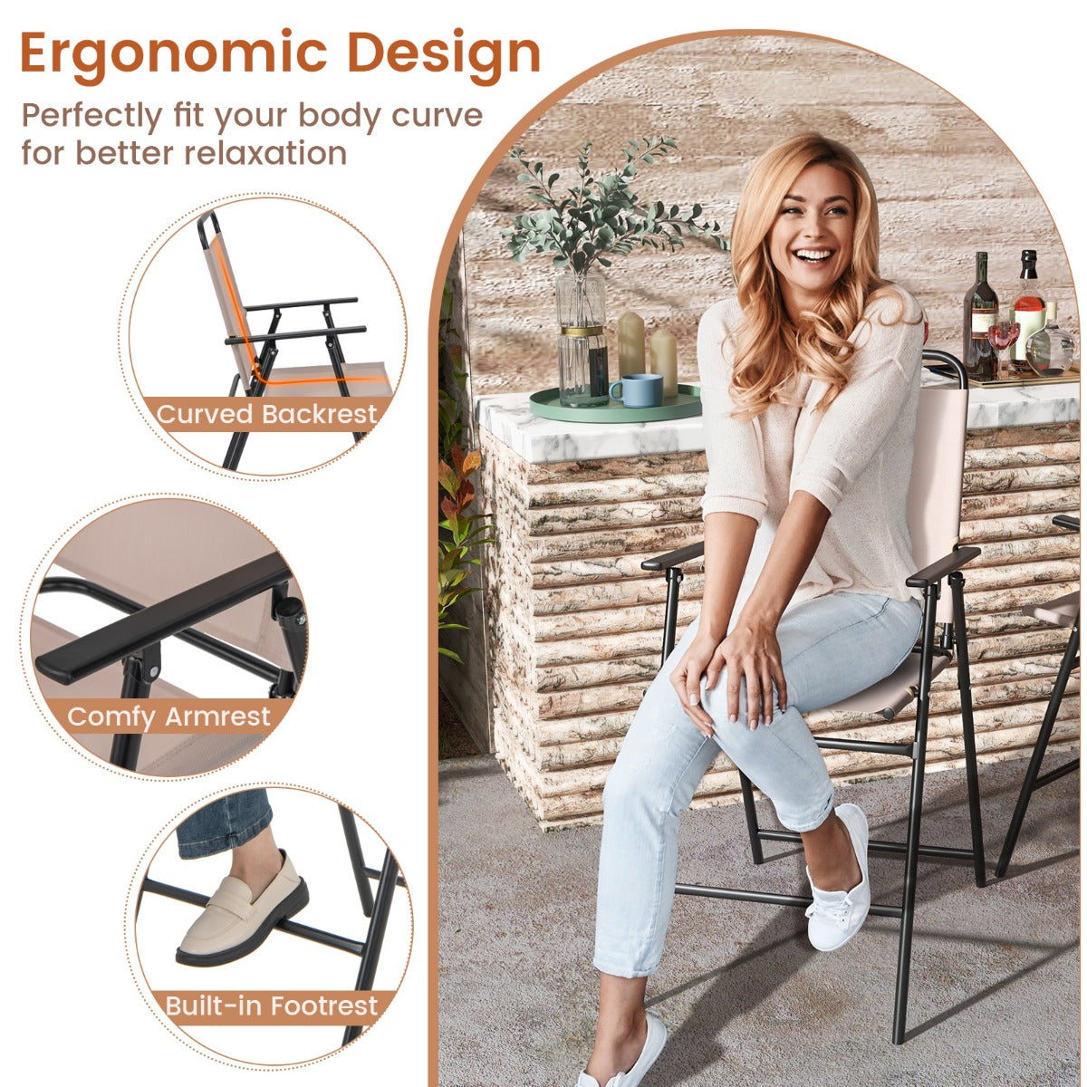 LIVSK Opvouwbare Barstoelen Set van 2 - Ademend Mesh - Ergonomisch - Lichtgewicht en Duurzaam - 63 cm Zithoogte - Beige