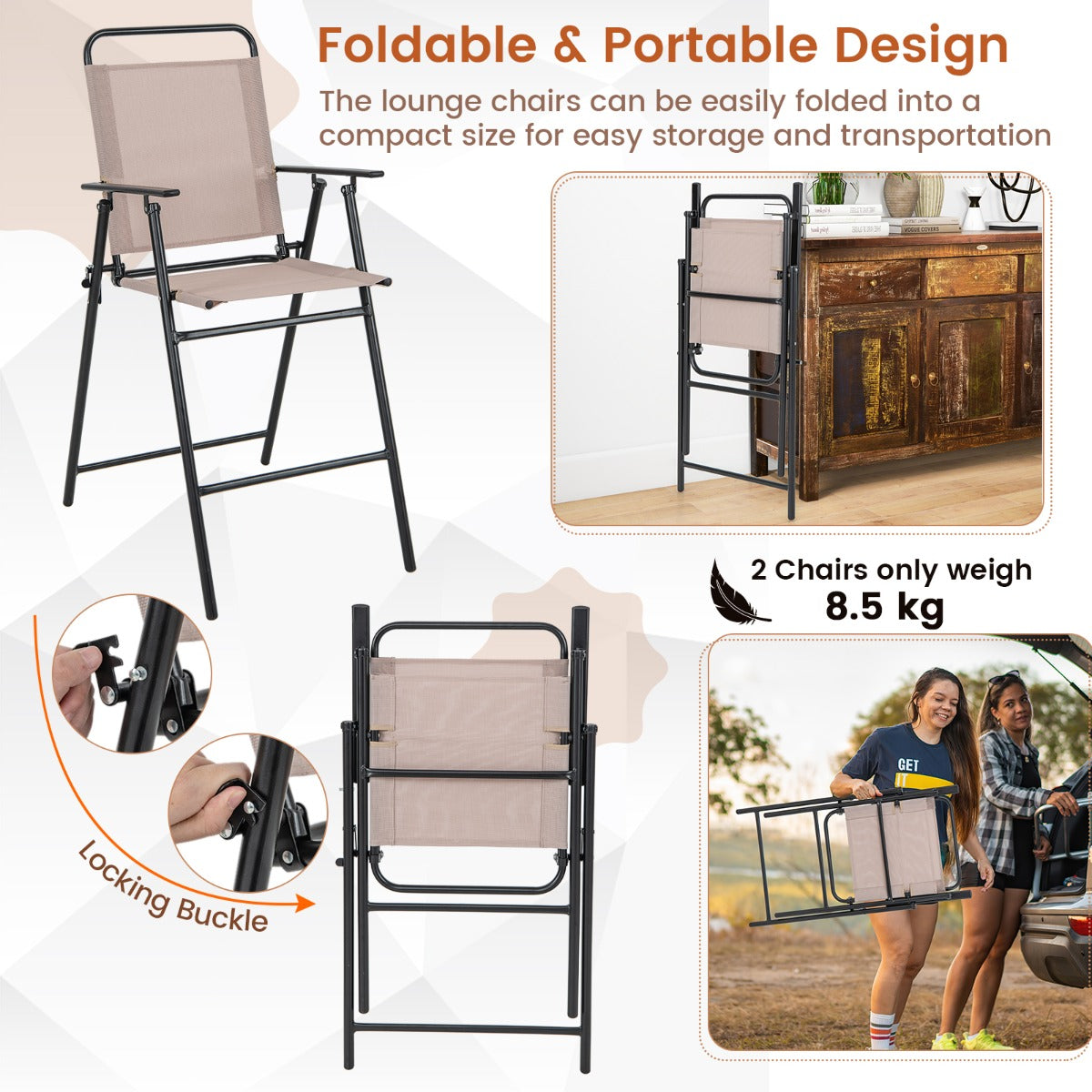 LIVSK Opvouwbare Barstoelen Set van 2 - Ademend Mesh - Ergonomisch - Lichtgewicht en Duurzaam - 63 cm Zithoogte - Beige