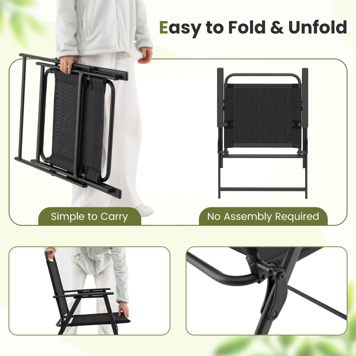LIVSK Opvouwbare Patiostoelen Set van 2 - Stevig Metaal - Draagvermogen 150 kg - Comfortabele Rugleuning en Armleuningen - Zwart