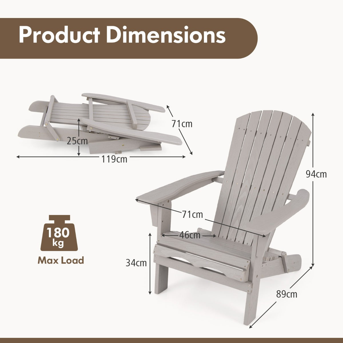 LIVSK Adirondack-stoelen - Hoogwaardig Dennenhout - Ergonomisch Ontwerp - Inklapbaar - Draagvermogen 180 kg - Grijs