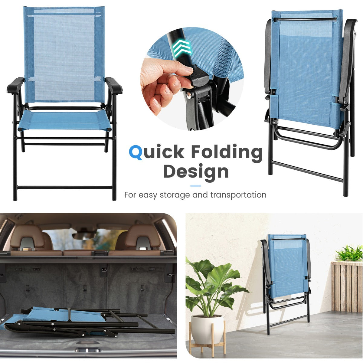 LIVSK Opvouwbare Terrasstoelen - Draagvermogen 150 kg - Stevig Metalen Frame - Ademend - Lichtgewicht - Blauw