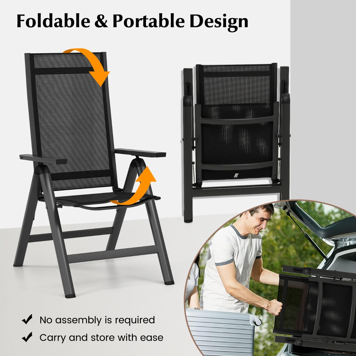 LIVSK Opvouwbare Terrasstoelen Set - Lichtgewicht met Verstelbare Rugleuning en Armleuningen - Tot 110 kg - Zwart