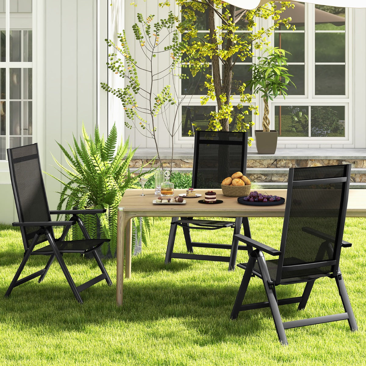 LIVSK Opvouwbare Terrasstoelen Set - Lichtgewicht met Verstelbare Rugleuning en Armleuningen - Tot 110 kg - Zwart