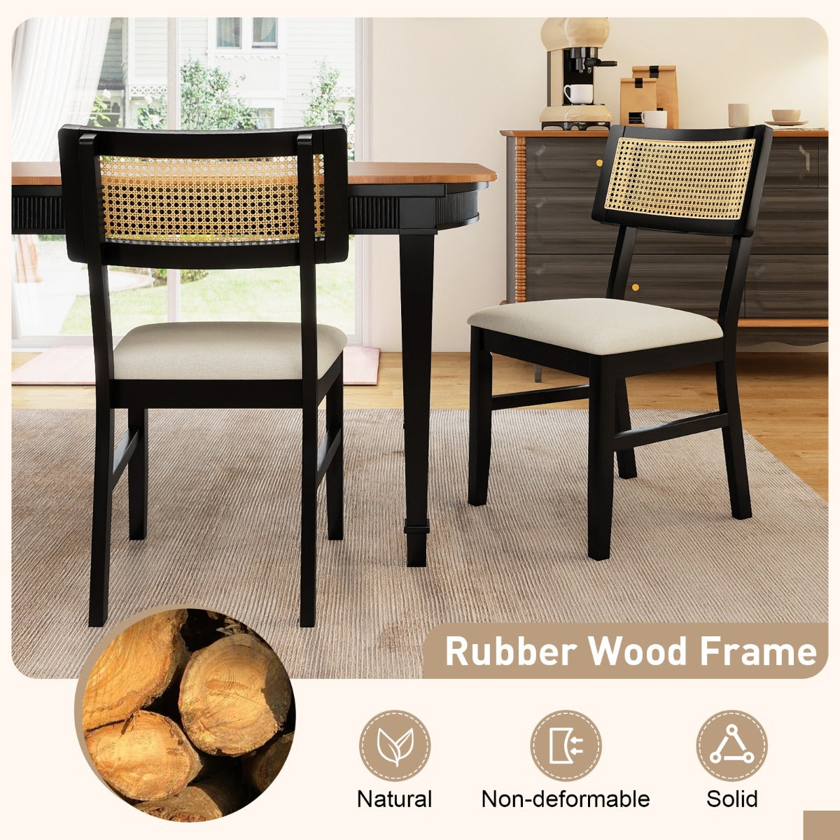 Livsk costway set van 2 rieten eetkamerstoelen keukenstoelen bekleed met stof en gewatteerde zitting 2