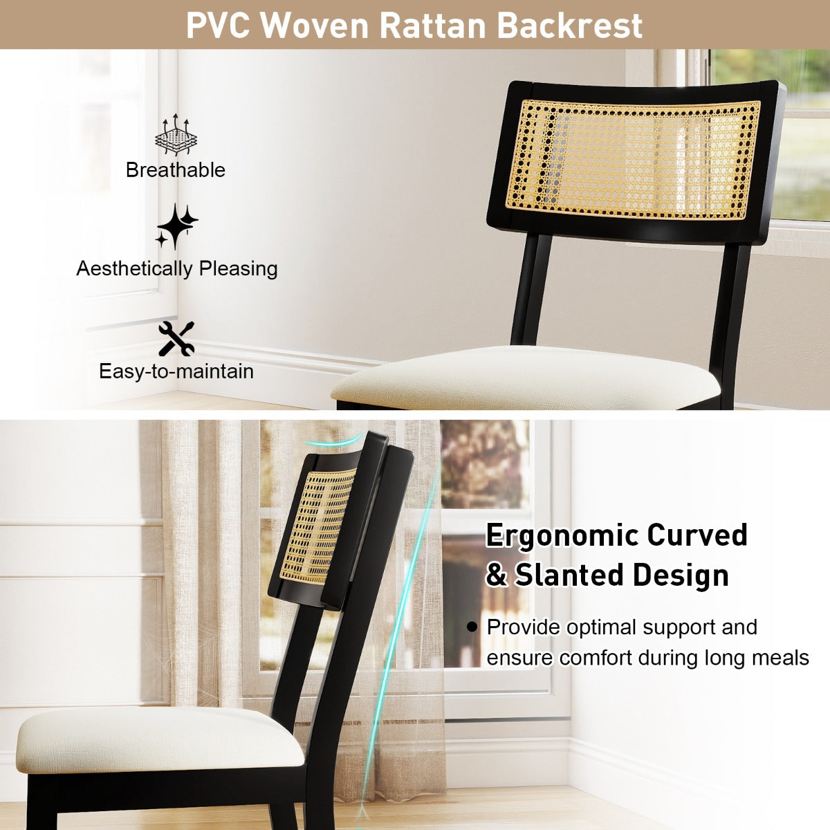 Livsk costway set van 2 rieten eetkamerstoelen keukenstoelen bekleed met stof en gewatteerde zitting 3