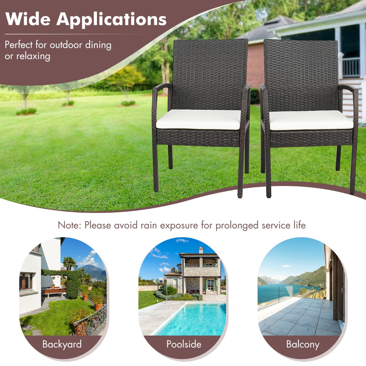 LIVSK Set van 2 Rieten Terrasstoelen - Ergonomisch Design met Comfortabel Kussen - Duurzaam PE Rotan - Bruin Melange