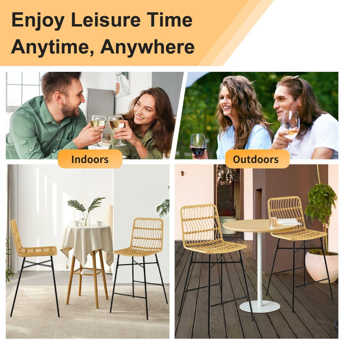 LIVSK Rotan Barkrukken Set van 2 - Ergonomisch Ontwerp - Zithoogte 69 cm - Tot 120 kg - Voor Binnen en Buiten - Natuur en zwart