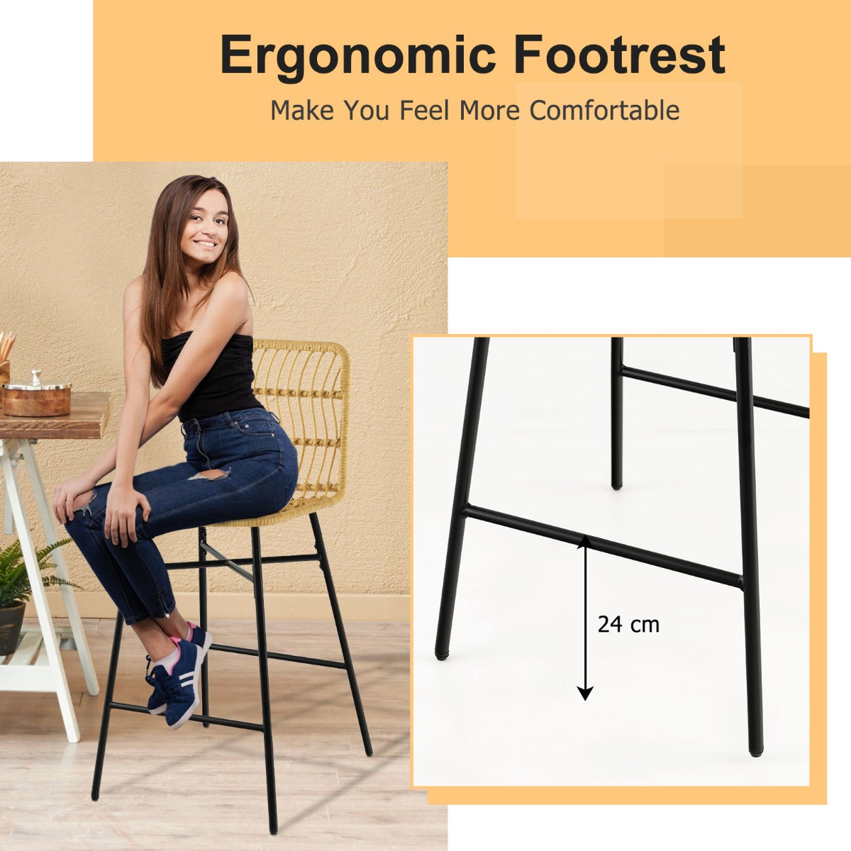 LIVSK Rotan Barkrukken Set van 2 - Ergonomisch Ontwerp - Zithoogte 69 cm - Tot 120 kg - Voor Binnen en Buiten - Natuur en zwart