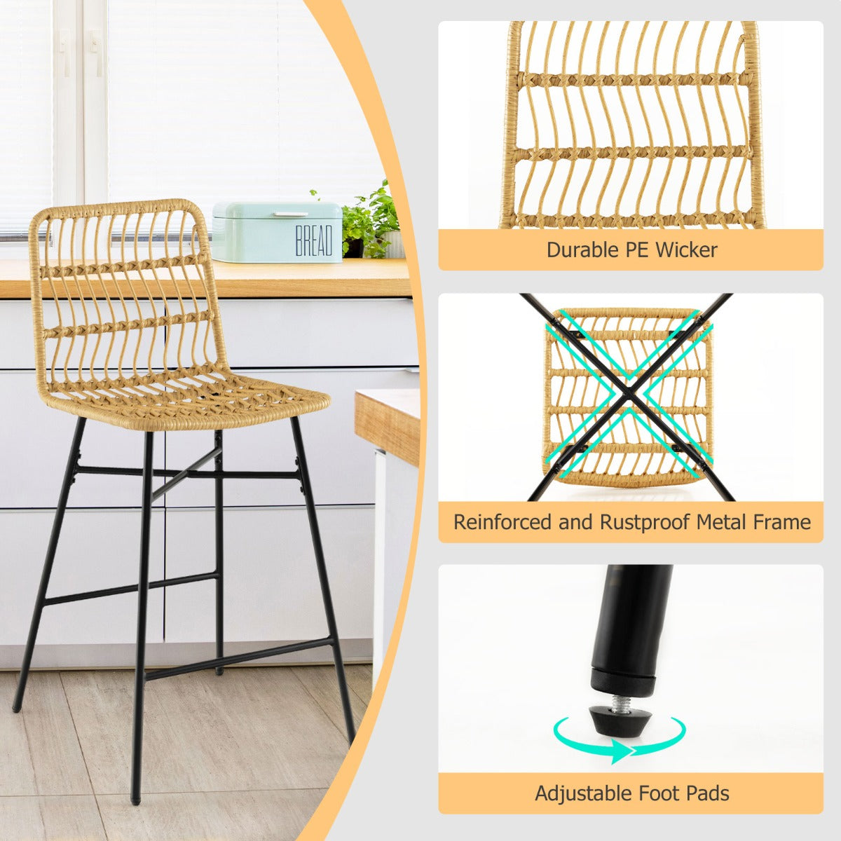 LIVSK Rotan Barkrukken Set van 2 - Ergonomisch Ontwerp - Zithoogte 69 cm - Tot 120 kg - Voor Binnen en Buiten - Natuur en zwart