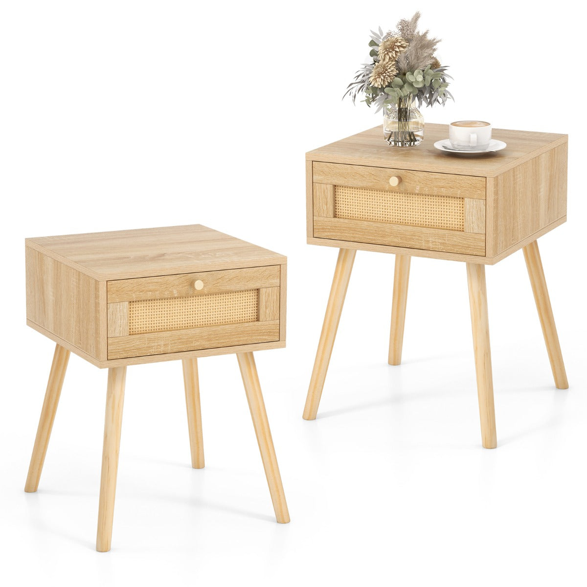LIVSK Bohemian Nachtkastje - Rotan Deur - Ruime Opberglade - Taps Toelopende Houten Poten - 40 x 40 x 55 cm - Natuurlijk