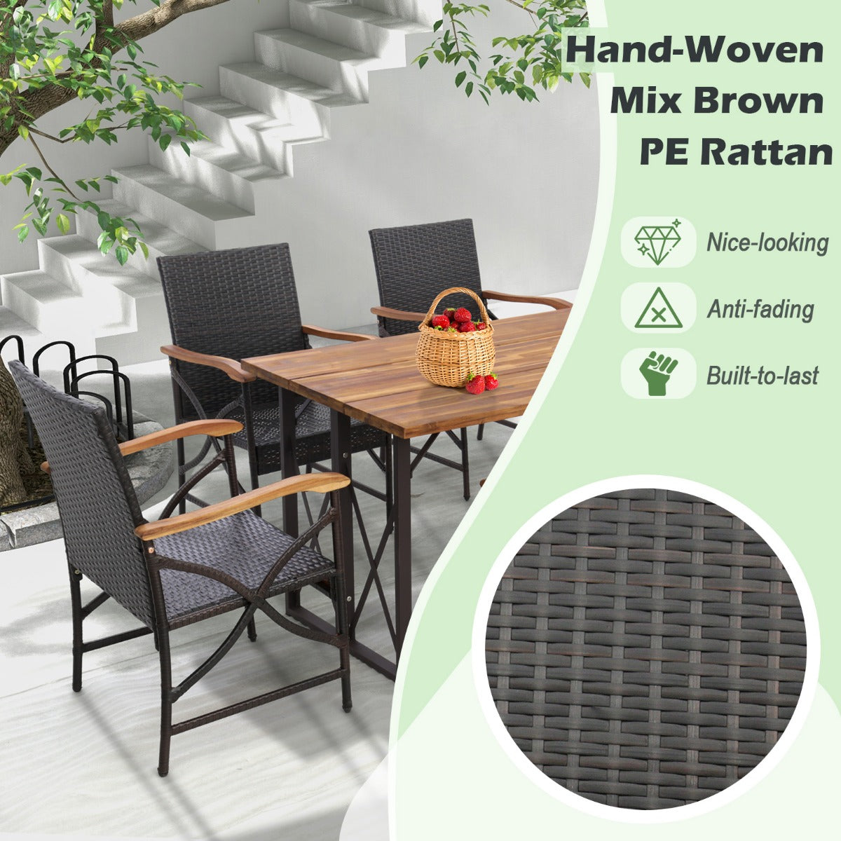 LIVSK Terrasstoelset van Rotan - Ergonomische Rugleuning en Armleuningen - Zithoogte 40 cm - Inclusief Kussens - Gemengd Bruin