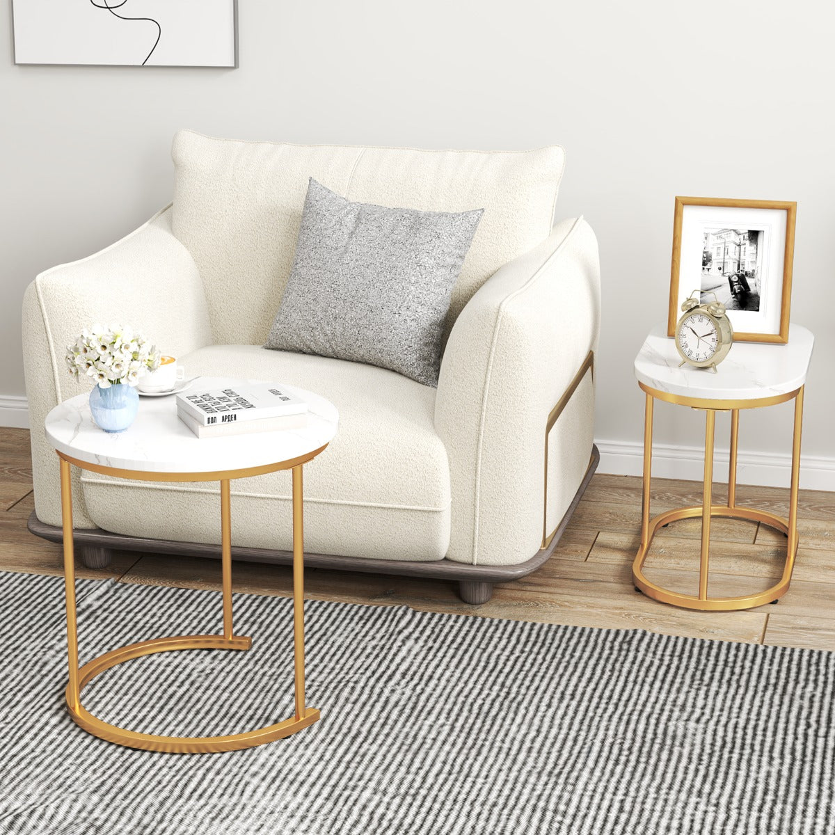 LIVSK Koffietafelset van 2 - Robuust Stalen Frame - Ruimtebesparend en Elegant - Marmerlook en Goud