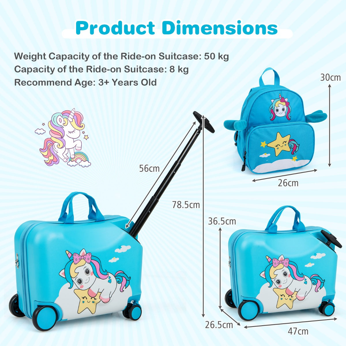 LIVSK Kinderkofferset - 47 cm Koffer en 30 cm Rugzak - Multifunctioneel en Verstelbaar - Duurzaam en Ergonomisch - Blauw